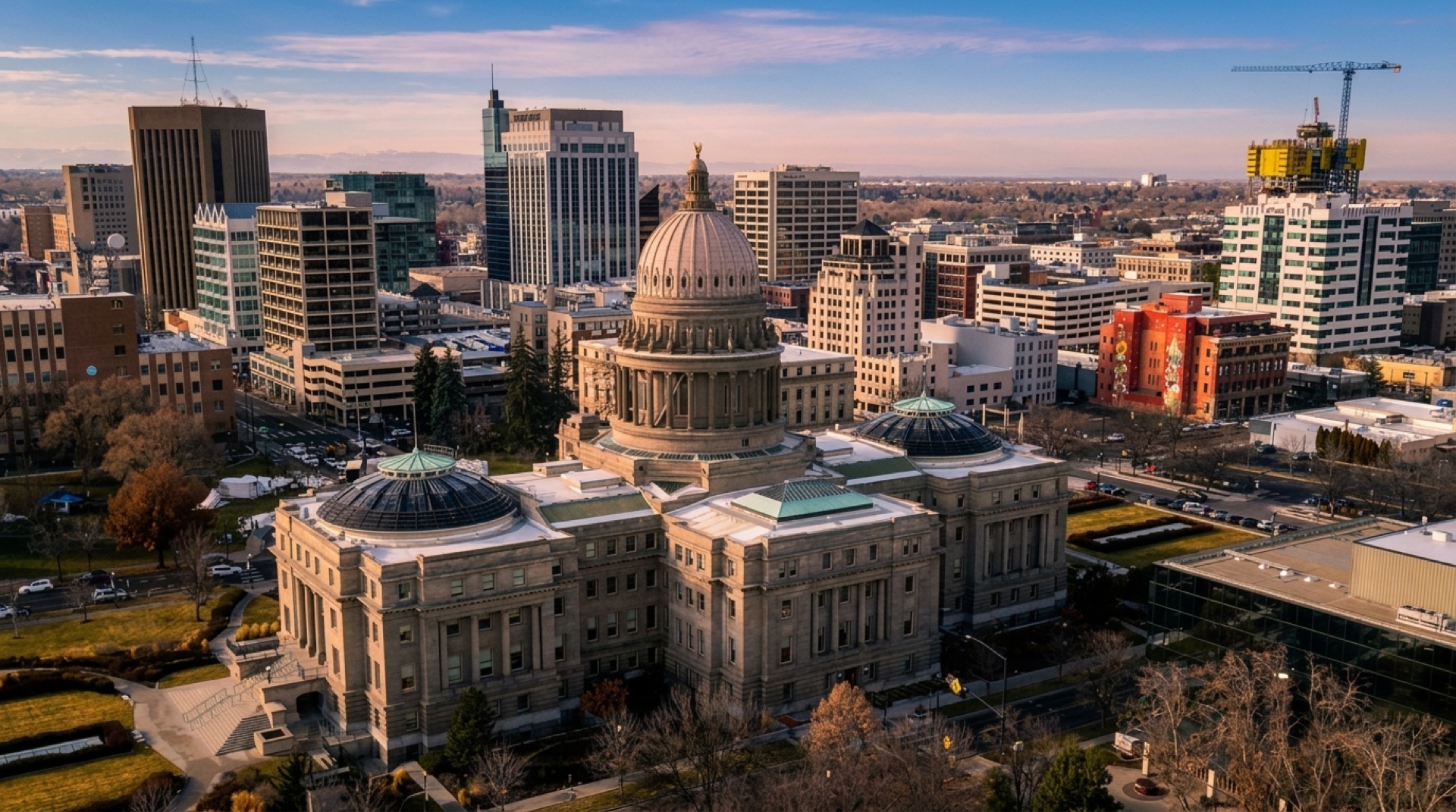 Aerial view of downtown Boise, Idaho with the foothills behind the city